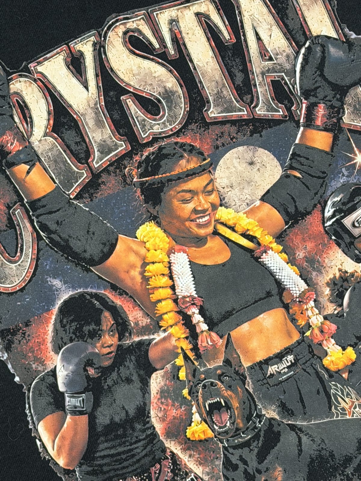 Full-color Crystal fighter DTF print on black fabric